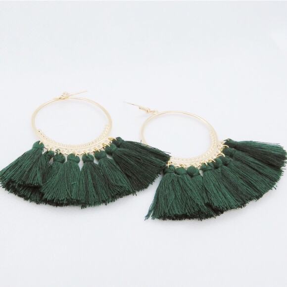 Francesca's Boho Emerald Green Hoop Tassel Earrings - Picture 3 of 4